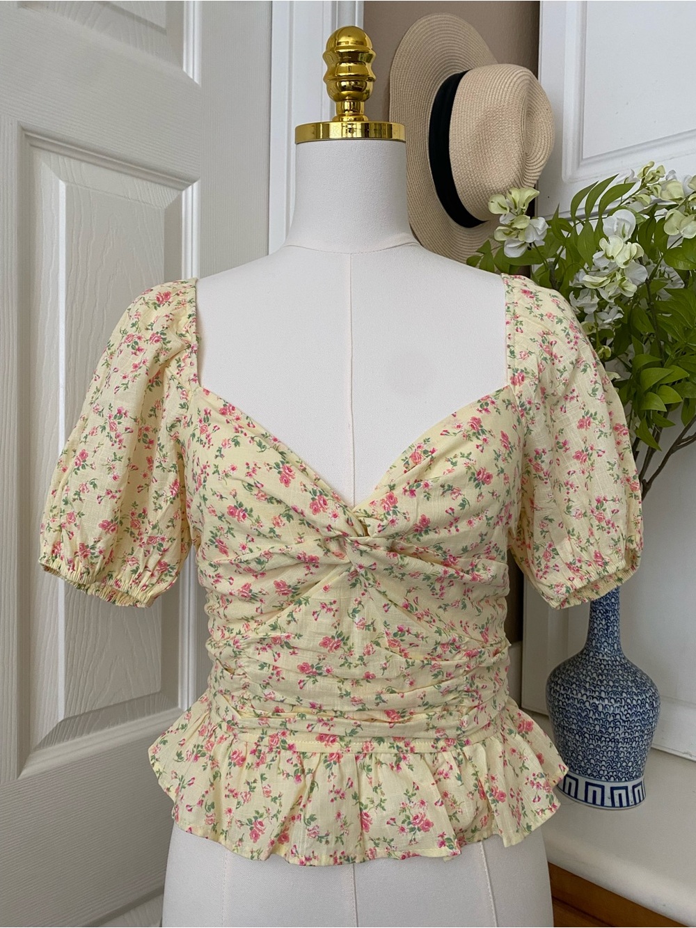 Kingston Cream Floral Peplum Blouse with Pink and Green Accents